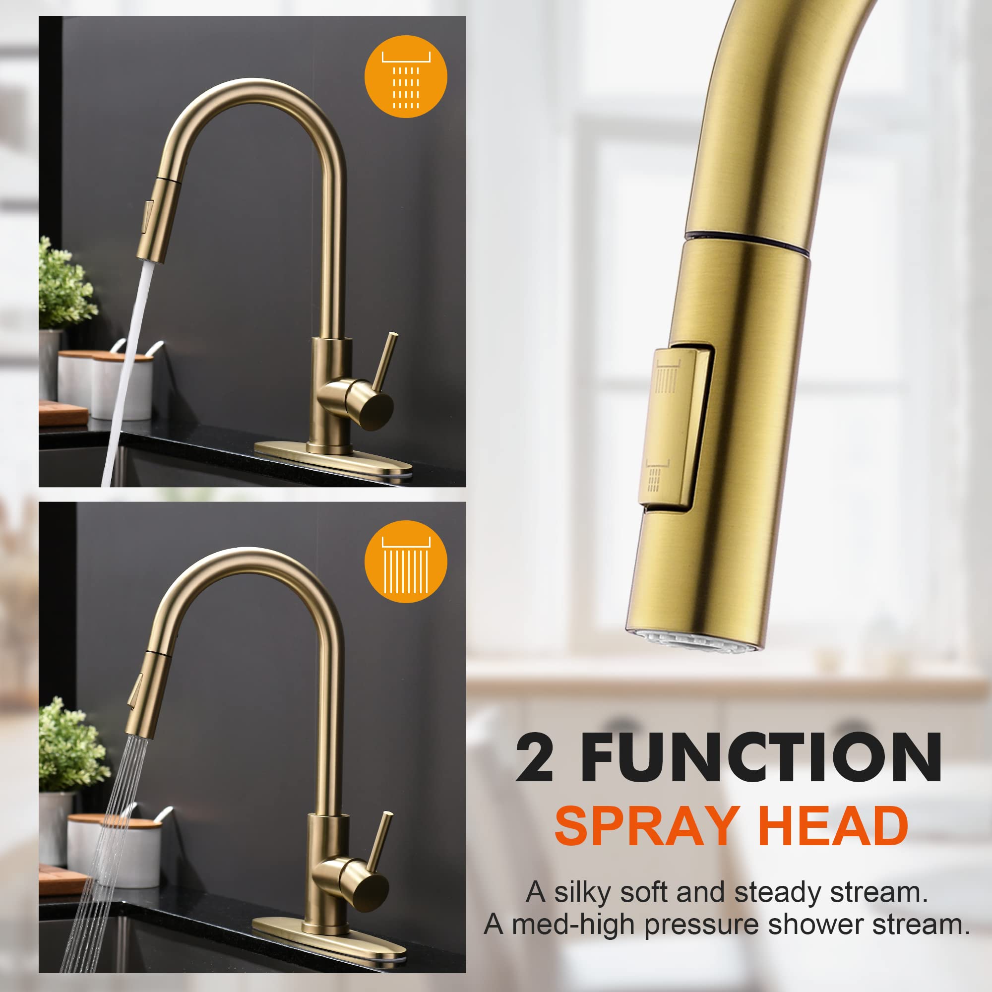 Tohlar Gold Kitchen Faucets With Pull-Down Sprayer, Modern Kitchen Sink Faucet Stainless Steel Single Handle Kitchen Faucet With